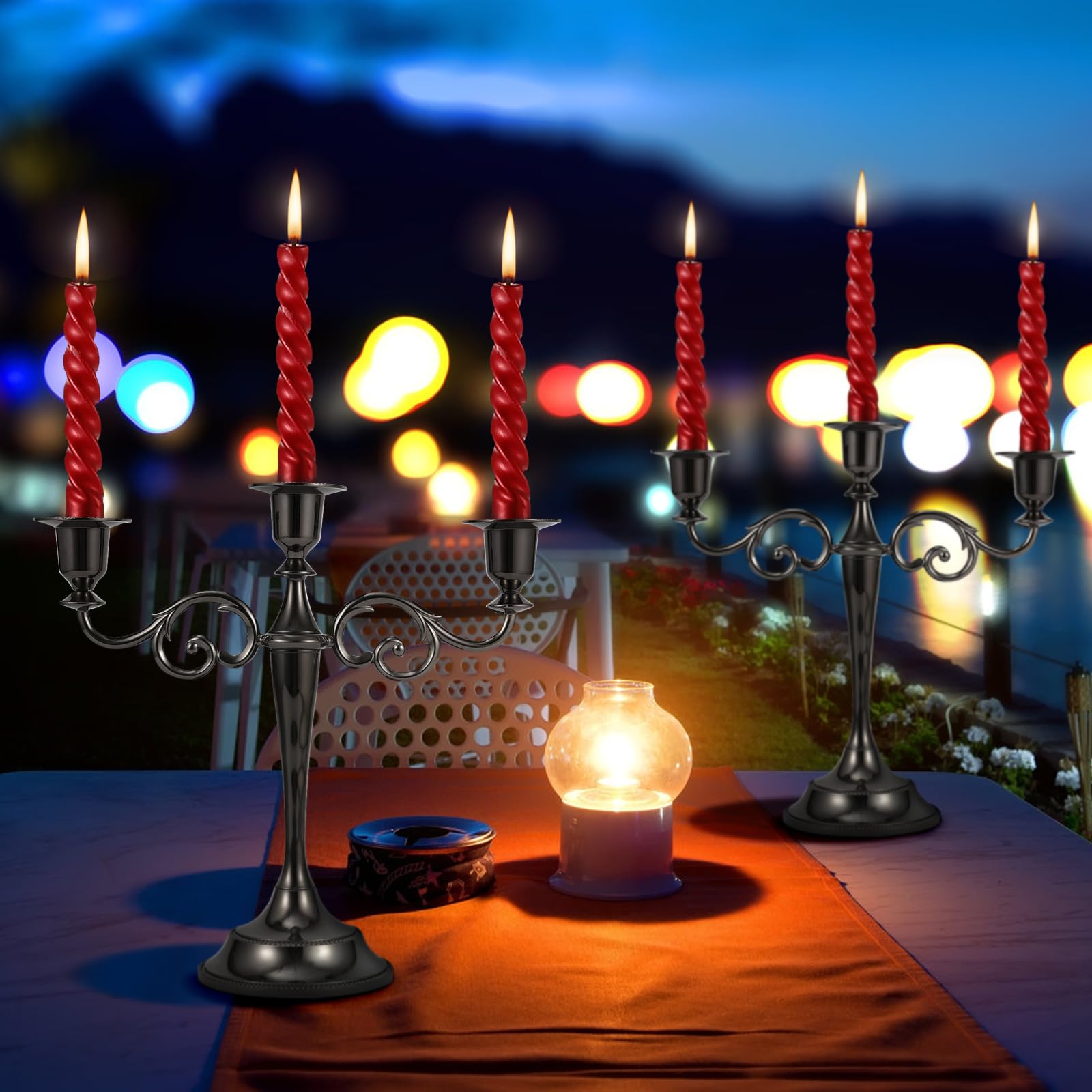 Dyna-Living 3-Arm Black Metal Candelabra Candle Holder for Long Candles - Elegant Wedding, Party & Anniversary Decor (Set of 2) - Perfect for Dining Table Centerpieces, Fireplace Mantels & Romantic Ambiance