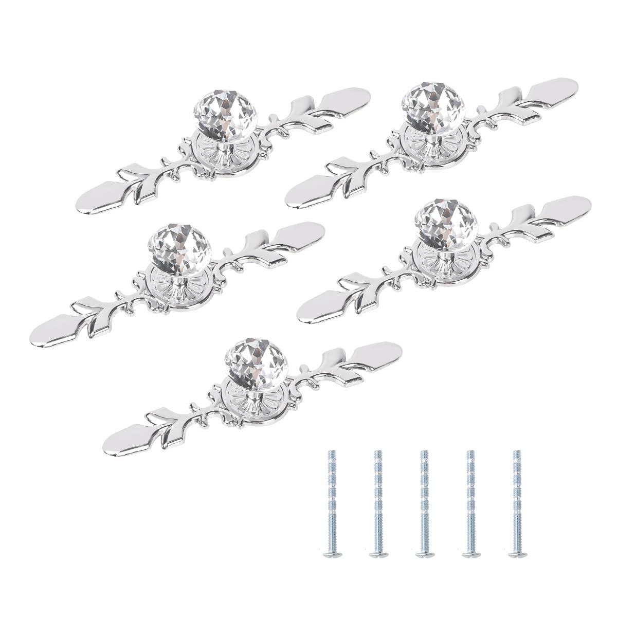 5pcs Crystal Cabinet Knobs - Silver Diamond Drawer Pulls for Kitchen & Bathroom