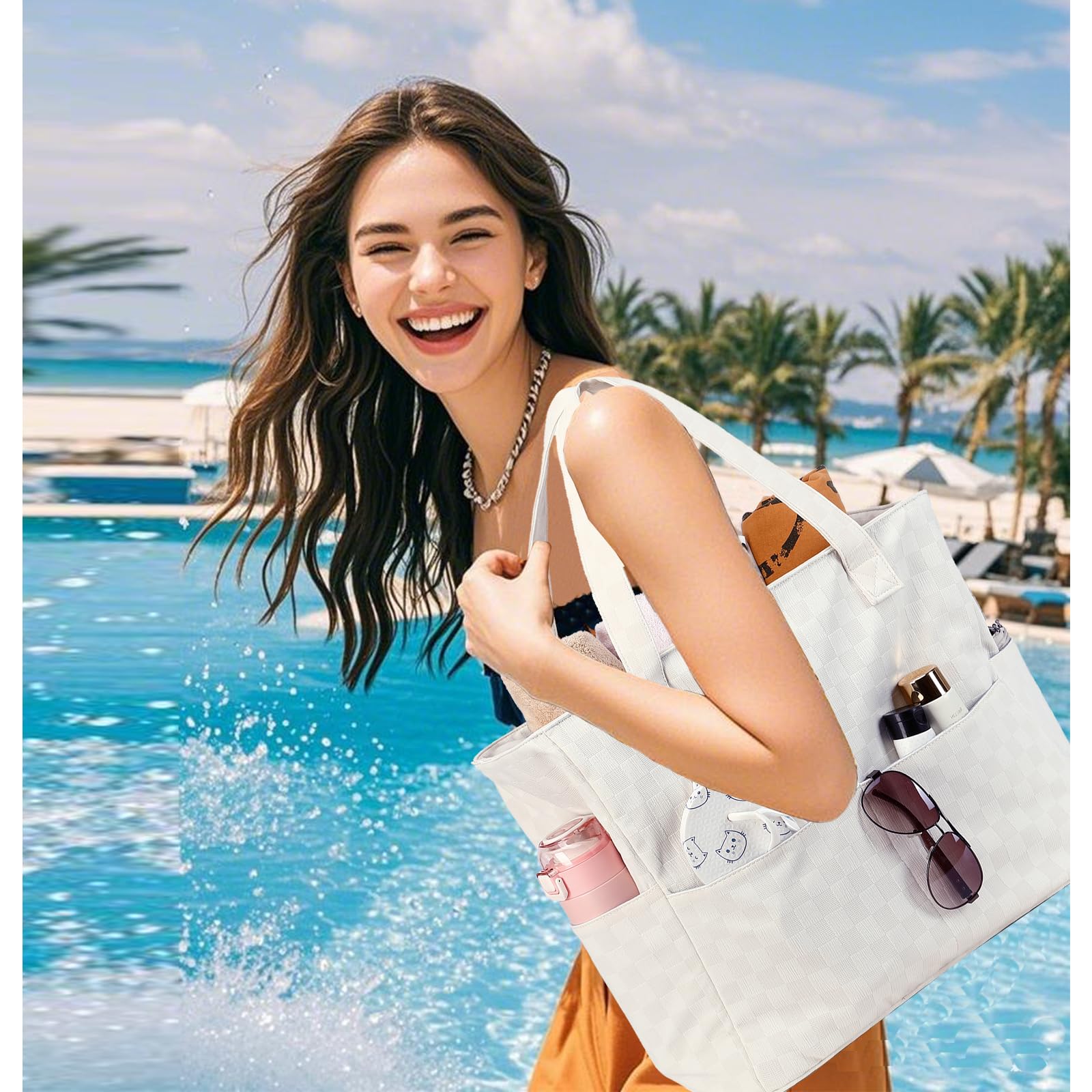 Waterproof & Sandproof Beach Tote Bag for Women - Large Zippered Pool Bag with Wet Pocket - Perfect for Gym, Grocery Shopping, Travel & Beach Outings