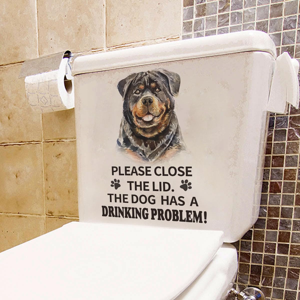 Funny Rottweiler Dog Toilet Seat Cover Decal - 'Please Close The Lid, The Dog Has Drinking Problems' - Humorous Bathroom Decor Vinyl Sticker - Waterproof & Removable - Perfect for Home, Apartment & Office Washrooms