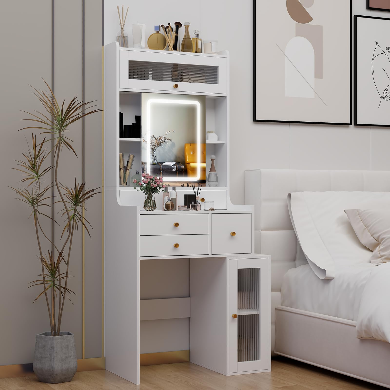 ARTETHYS Small Vanity Desk with Sliding Mirror & LED Lights - White Makeup Dressing Table with Drawers, Cabinet & Adjustable Shelves - Compact Bedroom Vanity Set for Women, Girls | Perfect for Small Spaces & Home Decor