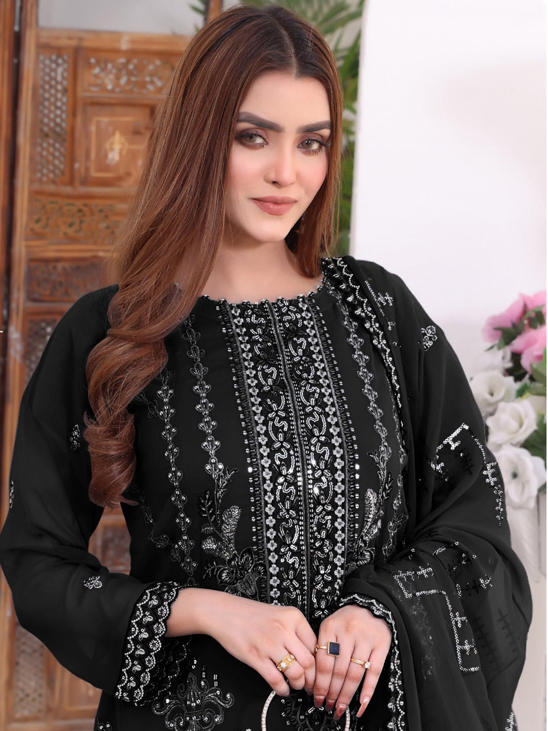 Elegant Black Georgette Semi-Stitched Pant Suit with Intricate Embroidery - Perfect for Weddings, Parties & Formal Events