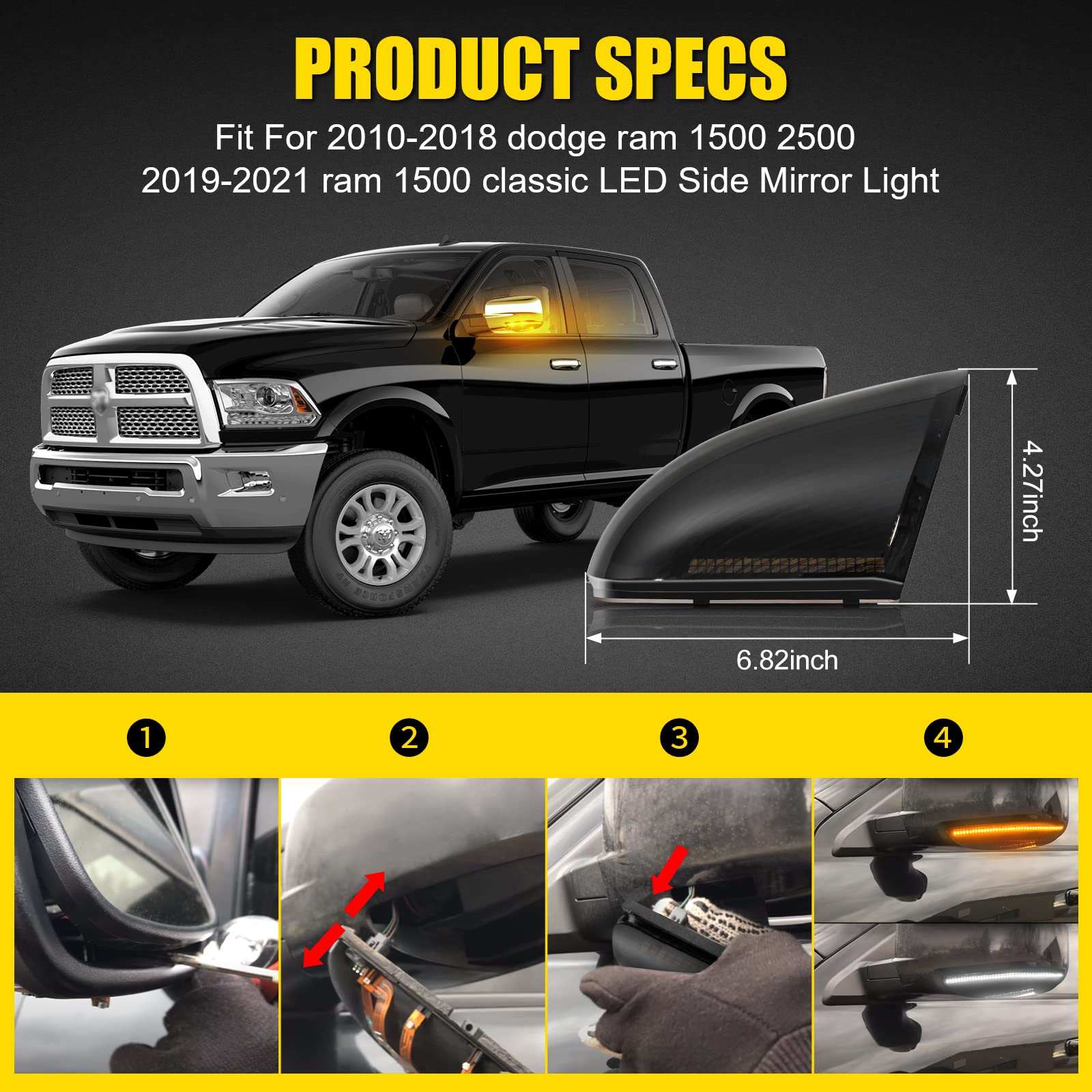 LED Side Mirror Marker Lights for Dodge Ram 1500/2500 (2010-2021) - Sequential Amber Turn Signal & Running Lights - Upgrade for Classic & New Models - Enhanced Visibility & Safety for Night Driving & Off-Road Adventures