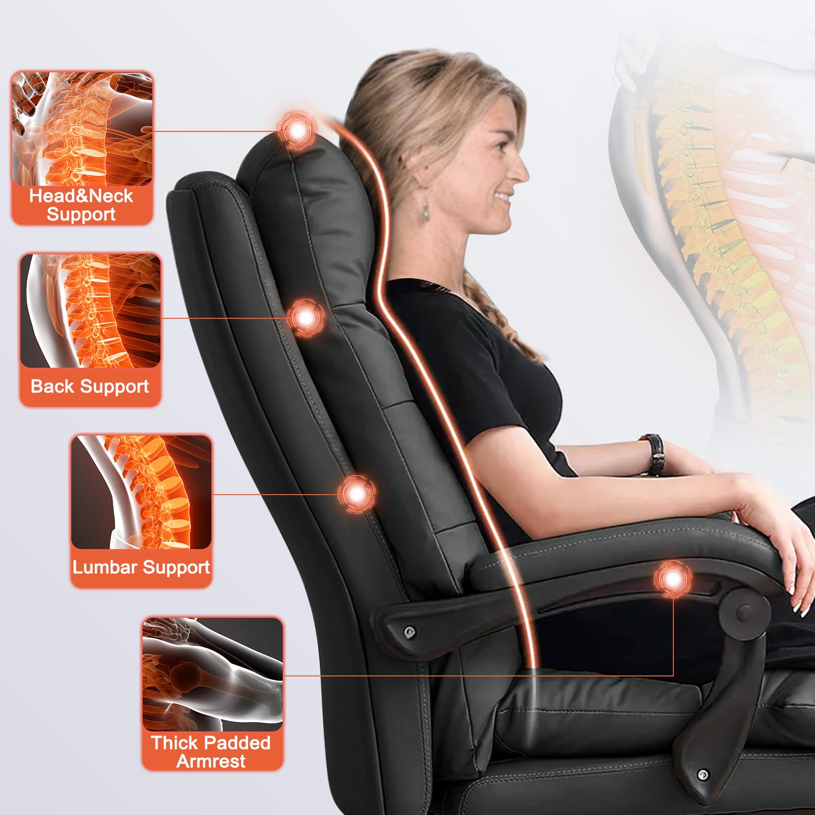Ergonomic High Back Office Chair - Adjustable PU Leather Executive Desk Chair with Wheels & Reclining Function for Home Office, Gaming, and Computer Work