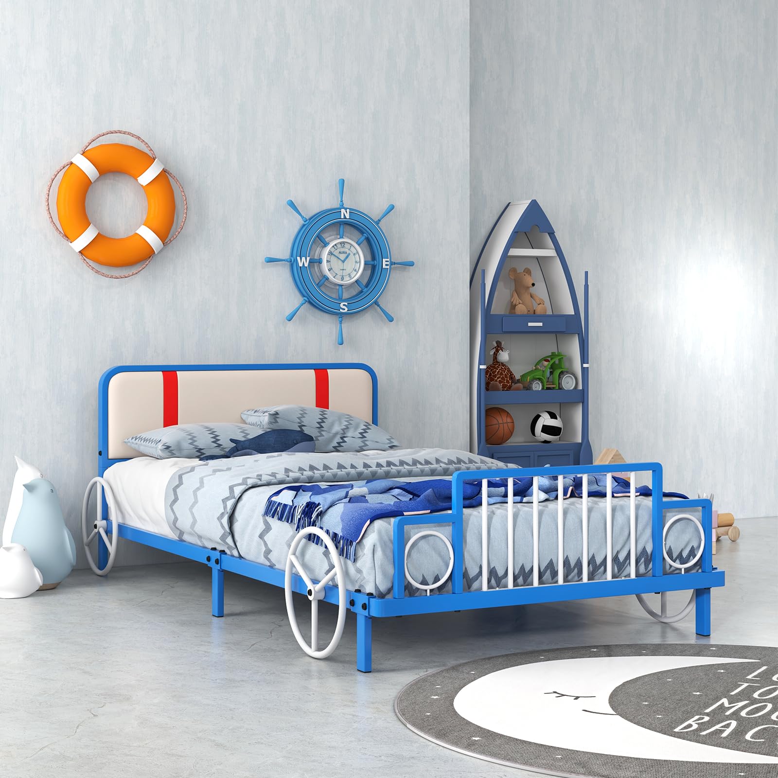 Costzon Twin Bed Frame for Kids - Sturdy Metal Platform with Slat Support, Padded Headboard & Footboard | No Box Spring Required | Easy Assembly | Fits Standard Twin Mattress (Racing Car Design) | Perfect for Kids' Bedrooms, Dorm Rooms & Guest Rooms