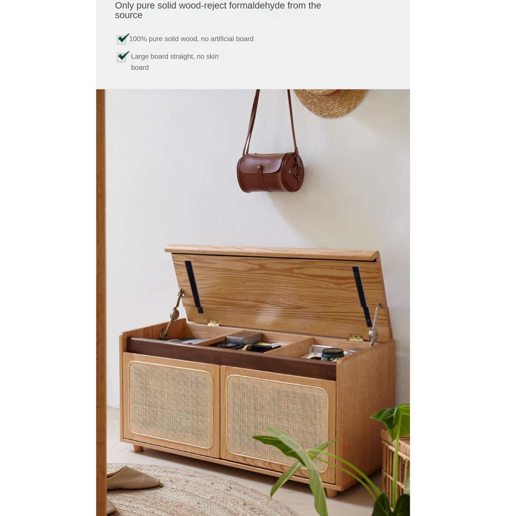 Solid Oak Wood Shoe Storage Bench with Rattan Design - Entryway Organizer for Shoes, Hats & Bags - Perfect for Hallway, Bedroom or Mudroom Decor