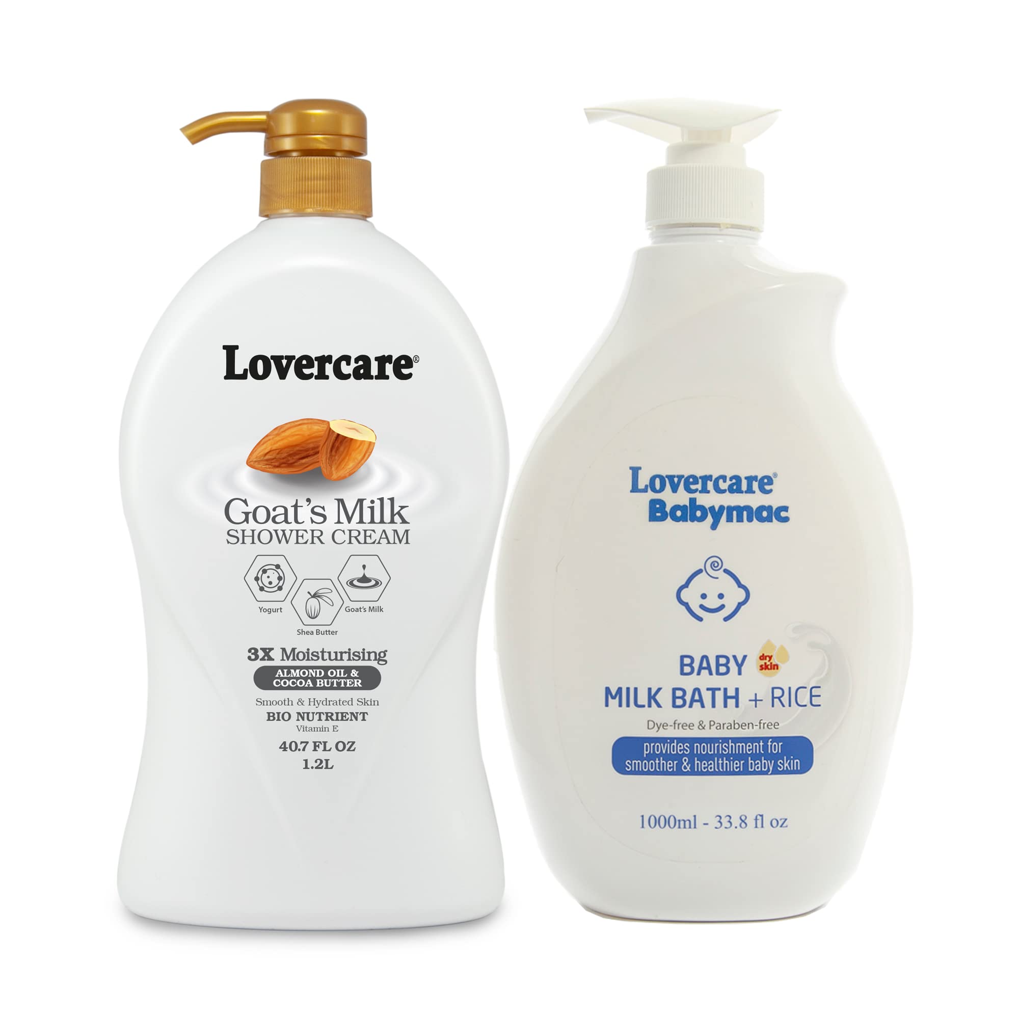 Lover's Care Goat Milk Moisturizing Body Wash with Almond Oil & Cocoa Butter 40.7 fl oz (1200ml) + Baby Goat Milk Bath with Rice 33.8 fl oz (1000ml) - Hydrating Shower Set for Sensitive Skin & Gentle Baby Bath Time