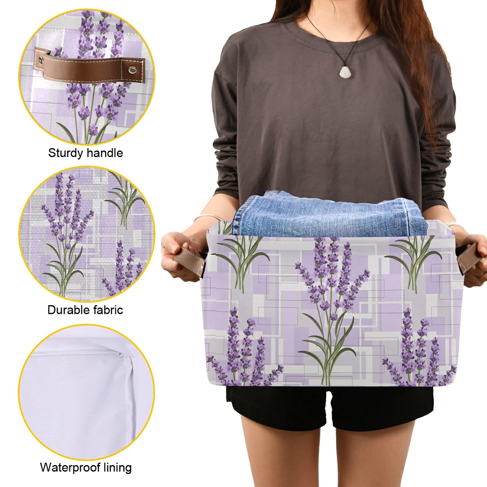 Purple Lavender Floral Foldable Storage Bin with Handles - Collapsible Fabric Storage Basket Cube for Organizing Toys, Nursery, Shelf, Closet, Bedroom & Office - Perfect for Home Organization & Space Saving (1PC)