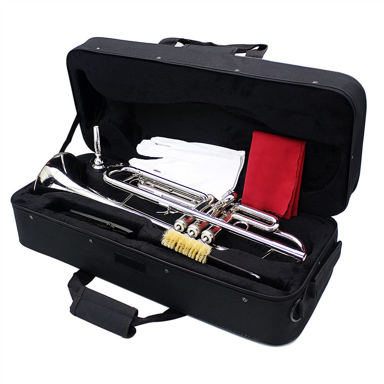 Professional Bb Trumpet Set - Silver-Plated Brass B-Flat Trumpet with Mouthpiece, Cleaning Brush, Cloth Gloves & Strap (Green) - Perfect for Beginners, Students & Band Performances