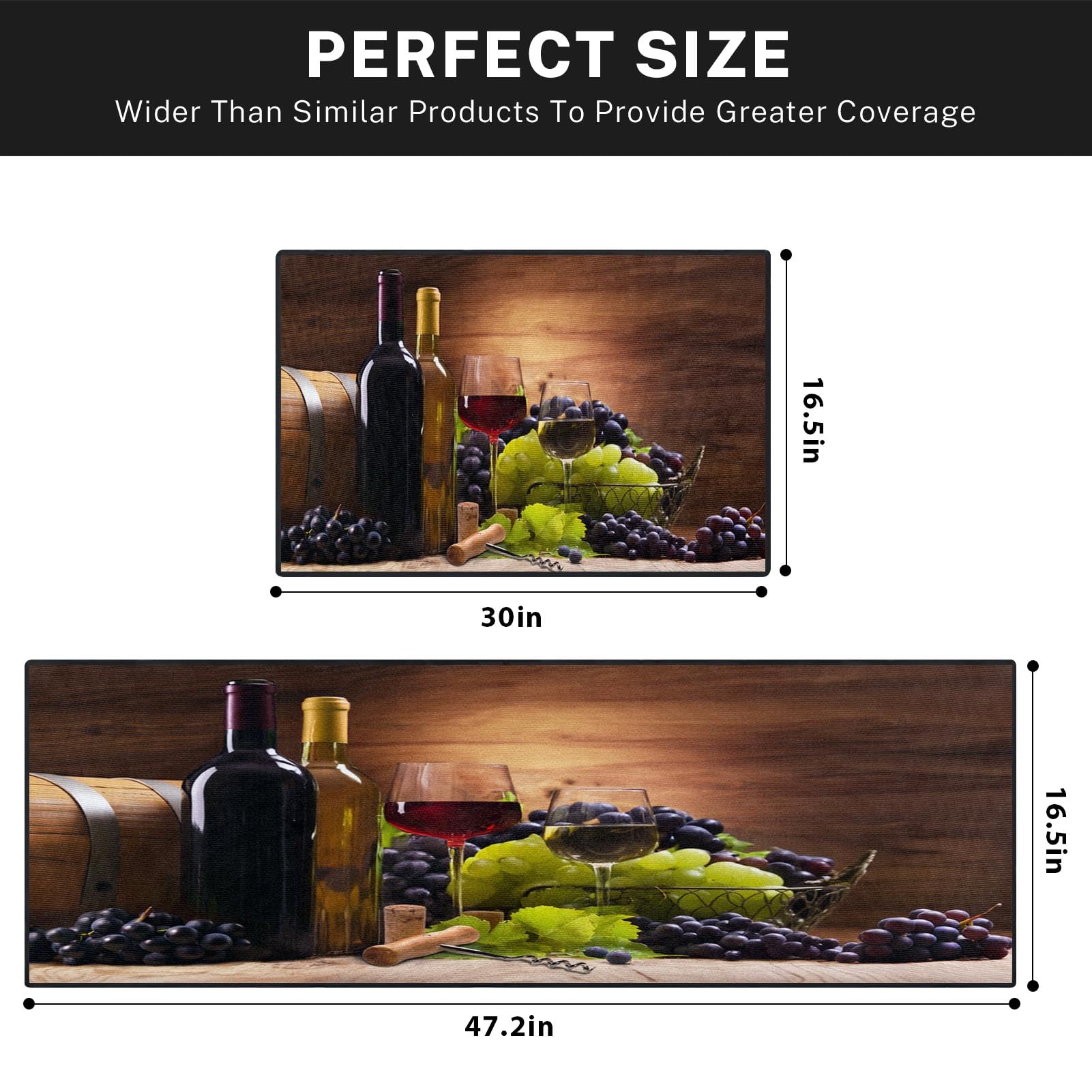 Non-Slip Washable Red Wine Kitchen Rugs Set of 2 - Grape & Wine Glass Design Floor Mats, Farmhouse Runner Rug for Romantic Kitchen Decor | Perfect for Dining Rooms, Wine Cellars & Vineyard-Themed Home Decor