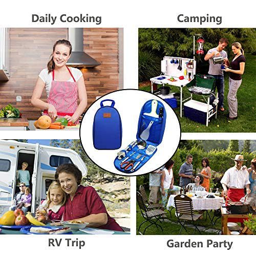 Portable Camp Kitchen Utensil Organizer Set - Stainless Steel BBQ & Camping Cookware Kit with Cutting Board, Tongs, Scissors, Knife, Ladle & Spatula - Perfect for Outdoor Cooking, Picnics & RV Travel