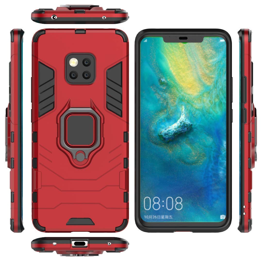 Shockproof Rugged Dual Layer Hard Case with Metal Ring Grip & Kickstand for Huawei Mate 20 Pro - Compatible with Magnetic Car Mount (Red) | Perfect for Outdoor Activities, Daily Protection & Hands-Free Viewing
