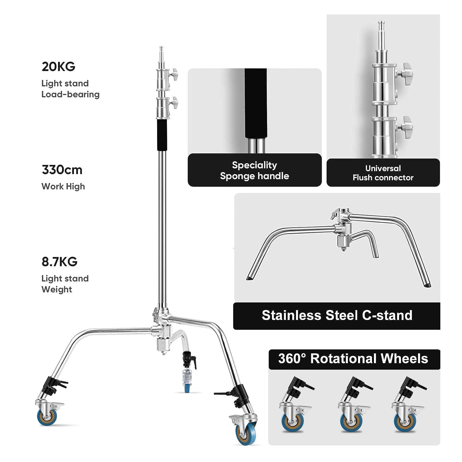 Heavy Duty 11.3ft/345cm C Stand with 4.2ft/128cm Boom Arm & Wheels - Professional Stainless Steel Century Stand for Photography Studio, Video Lighting - Perfect for Reflectors, Umbrellas, Softboxes & Monolights - Ideal for Film Sets, YouTube Studios & Commercial Photography