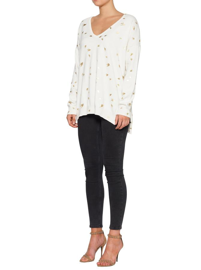 Escape V Neck Sweater for Women - Soft White & Gold Knit Pullover | Perfect for Fall & Winter Outfits, Office Wear & Casual Dates
