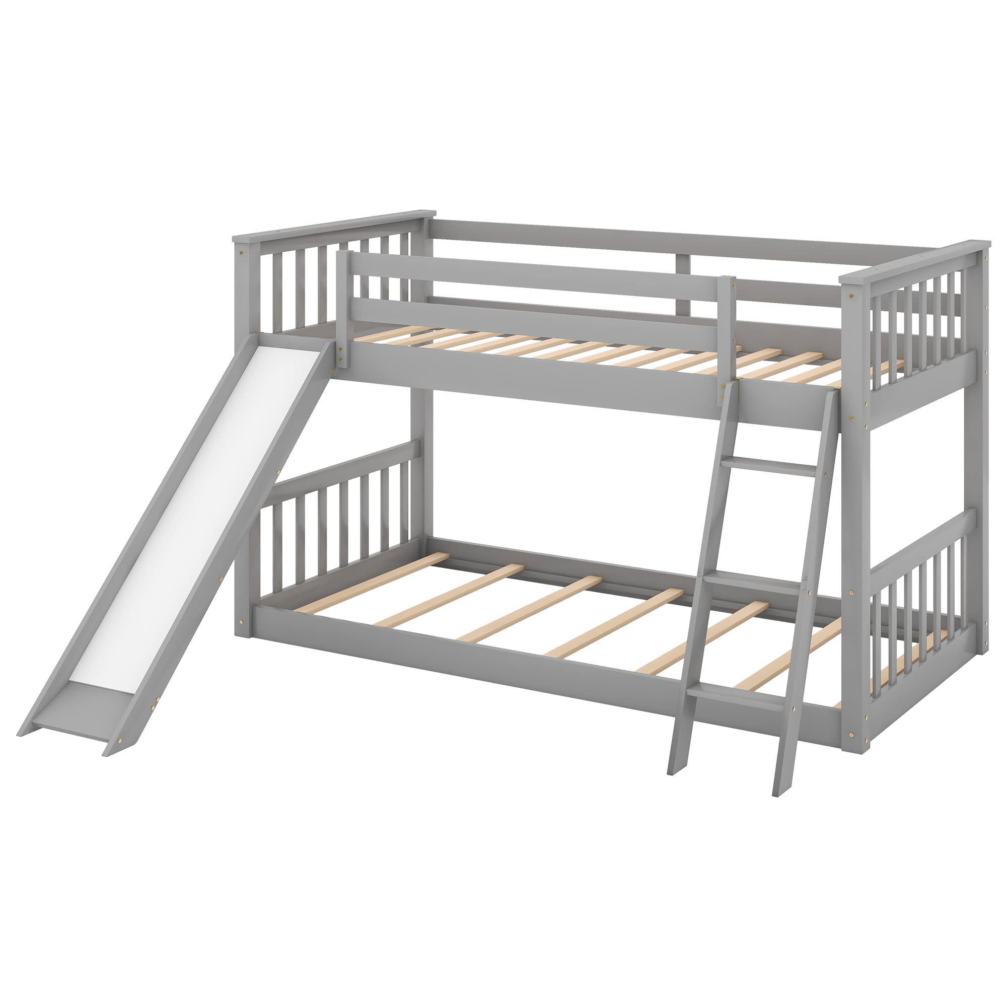 Twin Size Wooden Bunk Bed with Slide & Ladder - Space-Saving Gray Twin Over Twin Low Bunk Bed Frame, Safety Guardrails, No Box Spring Needed | Perfect for Kids' Bedrooms, Dorm Rooms & Small Spaces