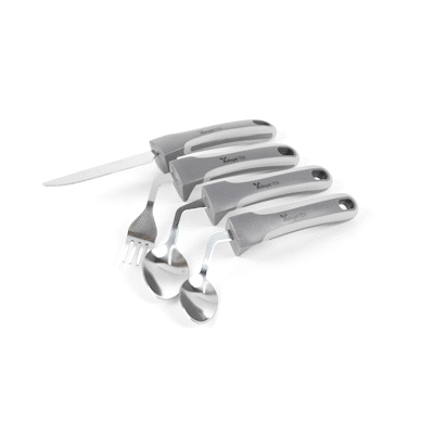 Adapt Tek Gray Stainless Steel 4-Piece Adaptive Offset Utensil Set for Right-Handed Users - Lightweight, Non-Slip Grip - Perfect for Arthritis & Limited Mobility (1 Count Box) - Ideal for Cooking, Baking & Everyday Kitchen Tasks