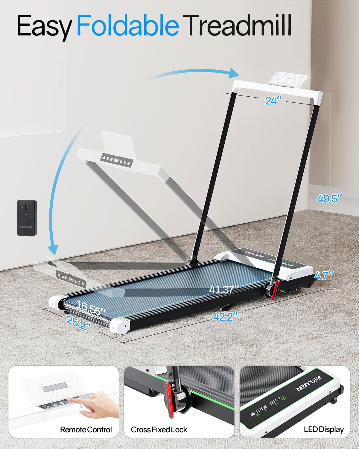 AKLUER Under Desk Treadmill - Portable Walking Pad with Remote Control & LED Display, No Installation Needed for Home Office, Jogging, Running & Walking - Compact Fitness Equipment for Small Spaces & Work from Home