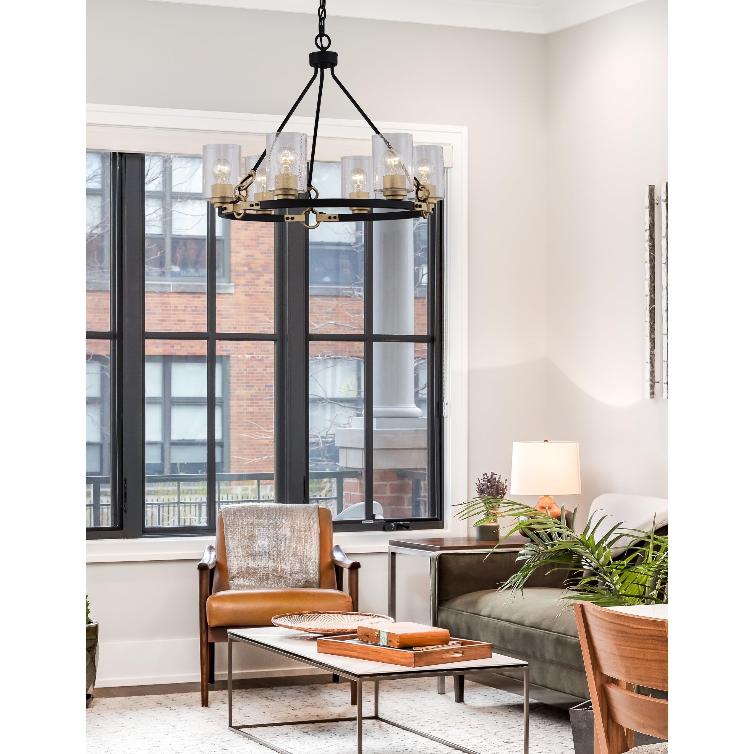 Richmond 6-Light Chandelier in Matte Black with Brass Accents & Seeded Glass Shade - Elegant Dining Room Lighting for Modern Farmhouse or Industrial Decor