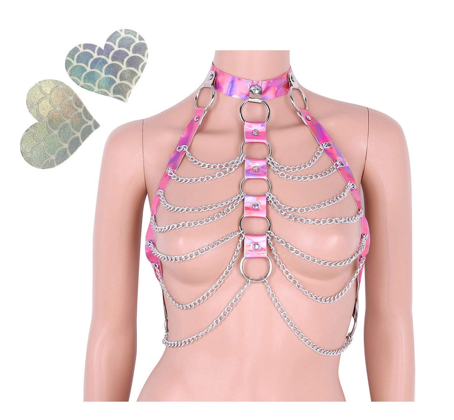 Holographic Rave Body Harness with Cage Bra, Choker & Chain Belts - Festival Costume for EDM, Music Events & Clubwear | Perfect for Rave Outfits, Cosplay & Nightlife Fashion