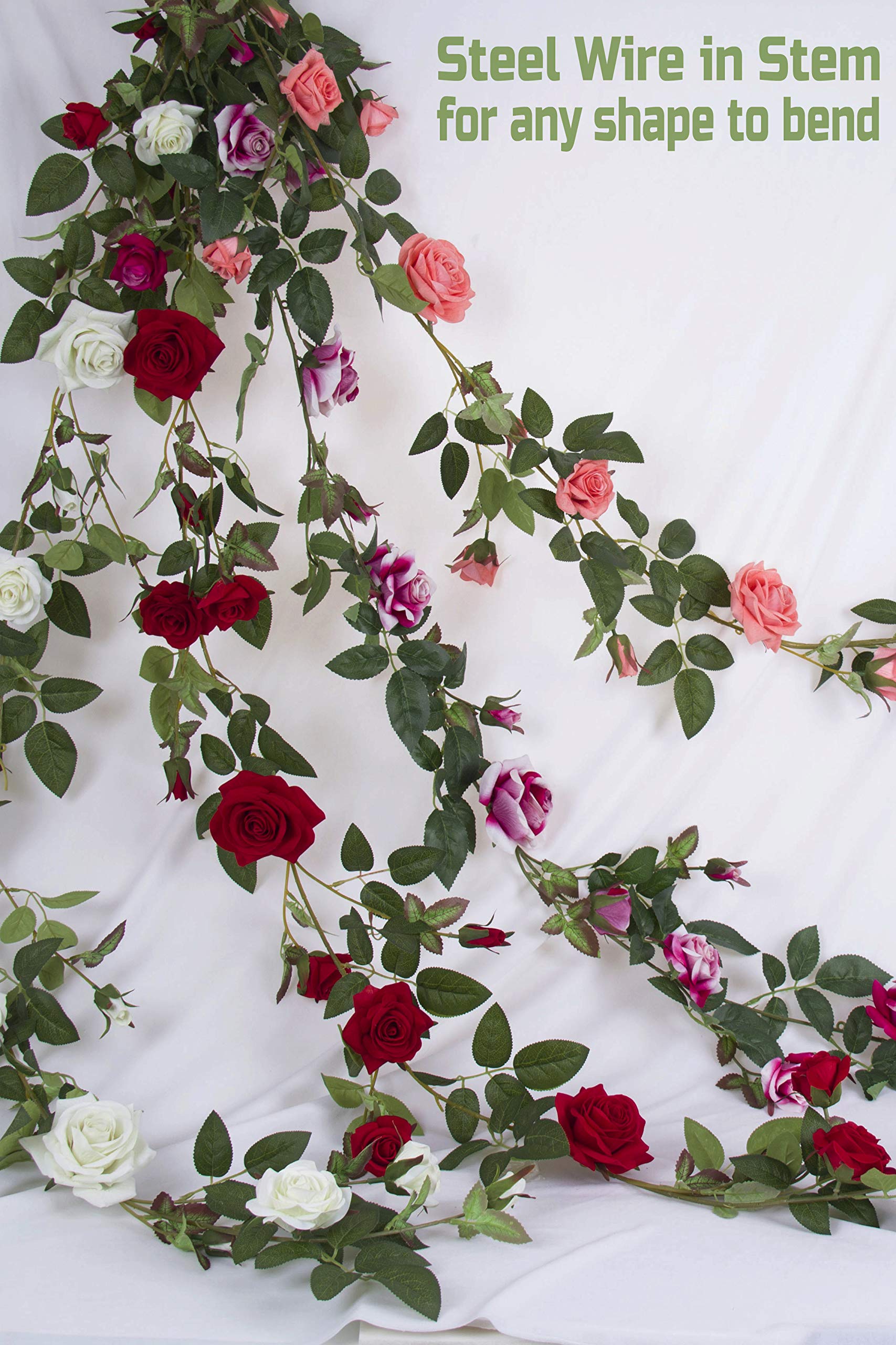 10pcs 6 Feet Artificial Rose Vine Garland - Velvety Silk Fuchsia Flowers for Wedding Arch, Backdrop, Home Decor, Wreath, Party & Garden Decoration