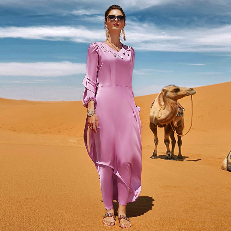 Elegant Muslim Women's Eid Dress - Hand Stitched Rhinestone Satin Abaya Kaftan for Special Occasions & Prayer