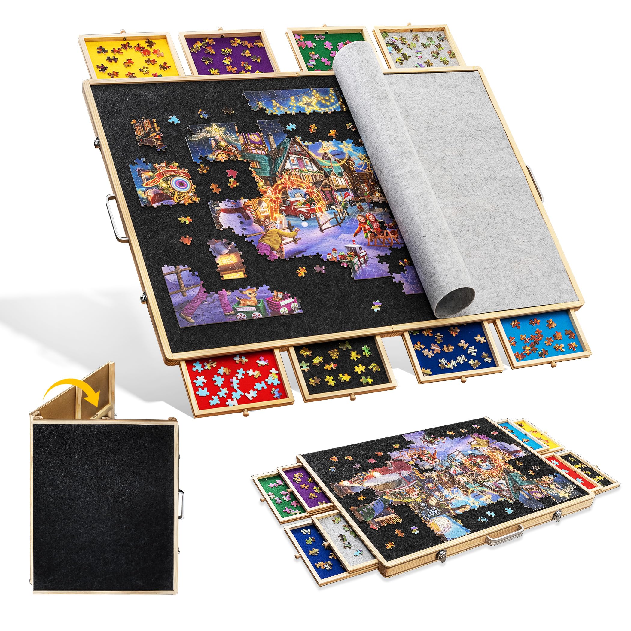Tektalk 2000 Piece Foldable Puzzle Board with 8 Sorting Trays & Drawers - Portable Jigsaw Puzzle Table with Cover - Storage Solution for 2000/1500/1000/500 Piece Puzzles - Perfect for Family Game Nights & Puzzle Enthusiasts