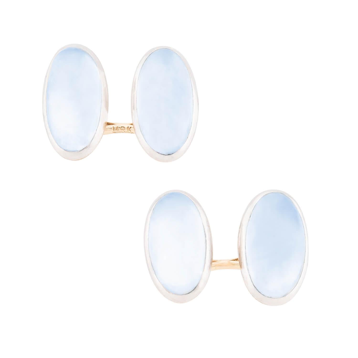LARTER AND SONS Edwardian 14k Gold & Platinum Moonstone Cufflinks for Men - Vintage Luxury Jewelry Gift for Weddings, Formal Events & Business Occasions