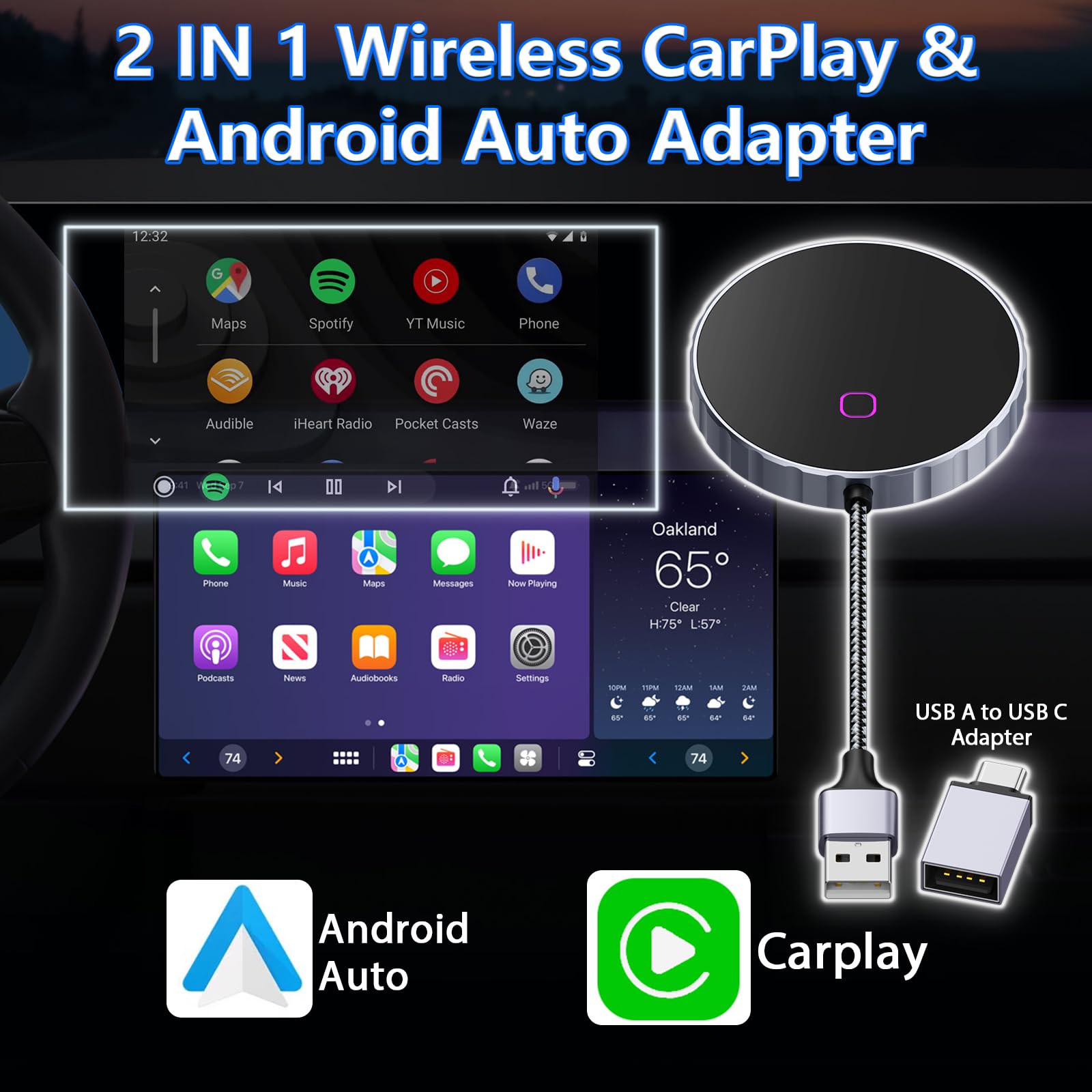 2024 Wireless CarPlay & Android Auto Adapter - 2-in-1 for Factory Wired Cars | Seamless Driving Connection