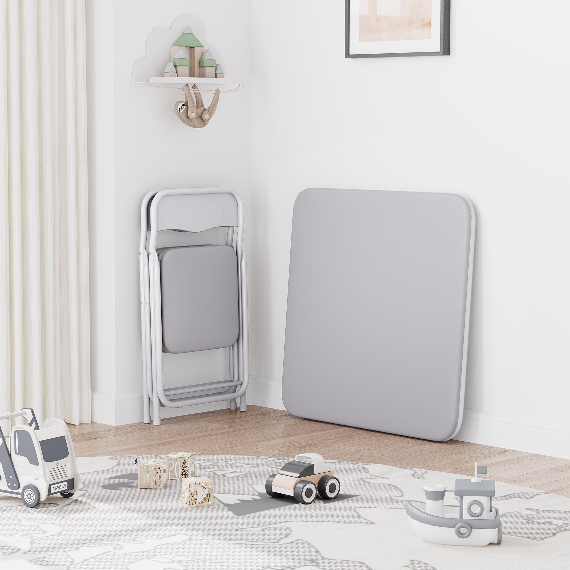 GAOMON 3-Piece Kids Folding Table and Chairs Set with PU Soft Cushion - Portable Children's Furniture for Eating, Studying & Playtime - Perfect for Playroom, Classroom or Outdoor Use - Grey