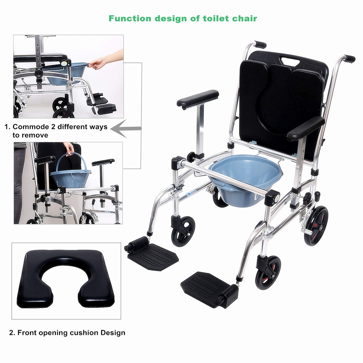 4 in 1 Adjustable Height Bedside Commode Wheelchair with Padded Seat & Detachable Bucket - Portable Toilet Shower Chair for Elderly & Disabled - Ideal for Home Care, Hospital Use & Bathroom Safety (B-Style)