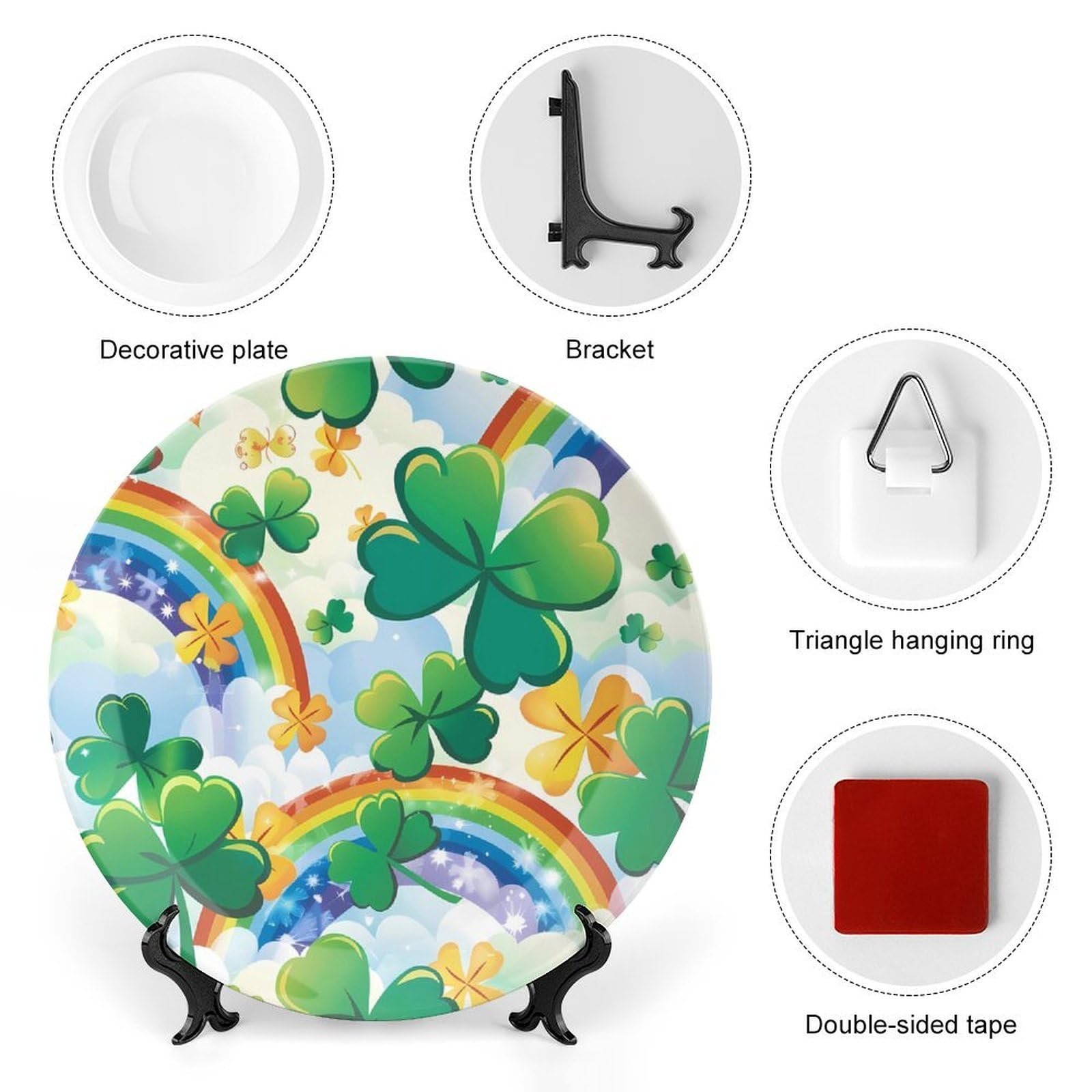 St. Patrick's Day Shamrock Clover Rainbow Ceramic Decorative Plates - 4-Piece Set with Stand for Kitchen, Dining Room & Home Decor - Perfect for Irish Themed Parties, Holiday Display & Festive Table Settings