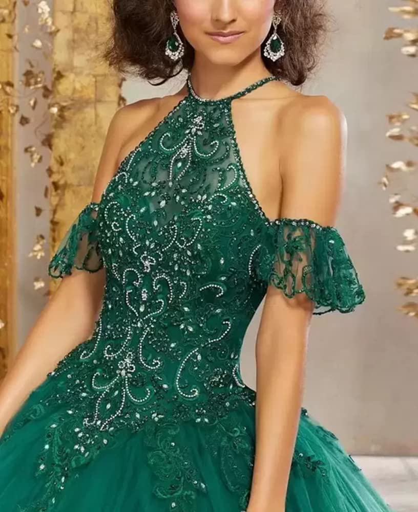 Elegant Women's Halter Beaded Quinceañera Dress with Sequins & Sleeves - Sweet 16 Ball Gown for Princess Birthday Party, Prom, Homecoming, and Formal Events