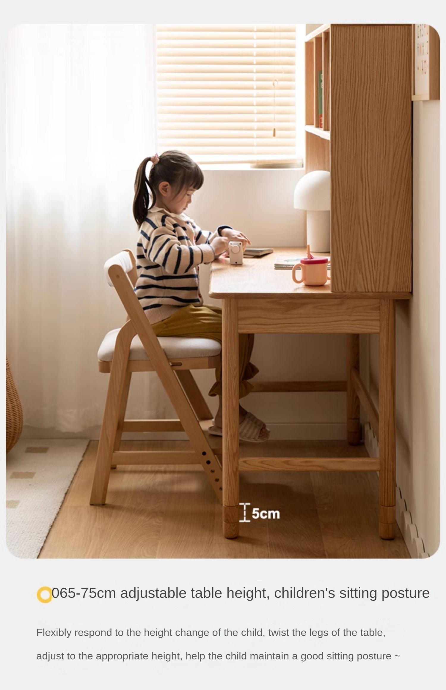 Solid Oak Wood Adjustable Height Kids Study Desk with Bookshelf - Perfect for Homework, Reading & Organizing in Bedroom or Playroom