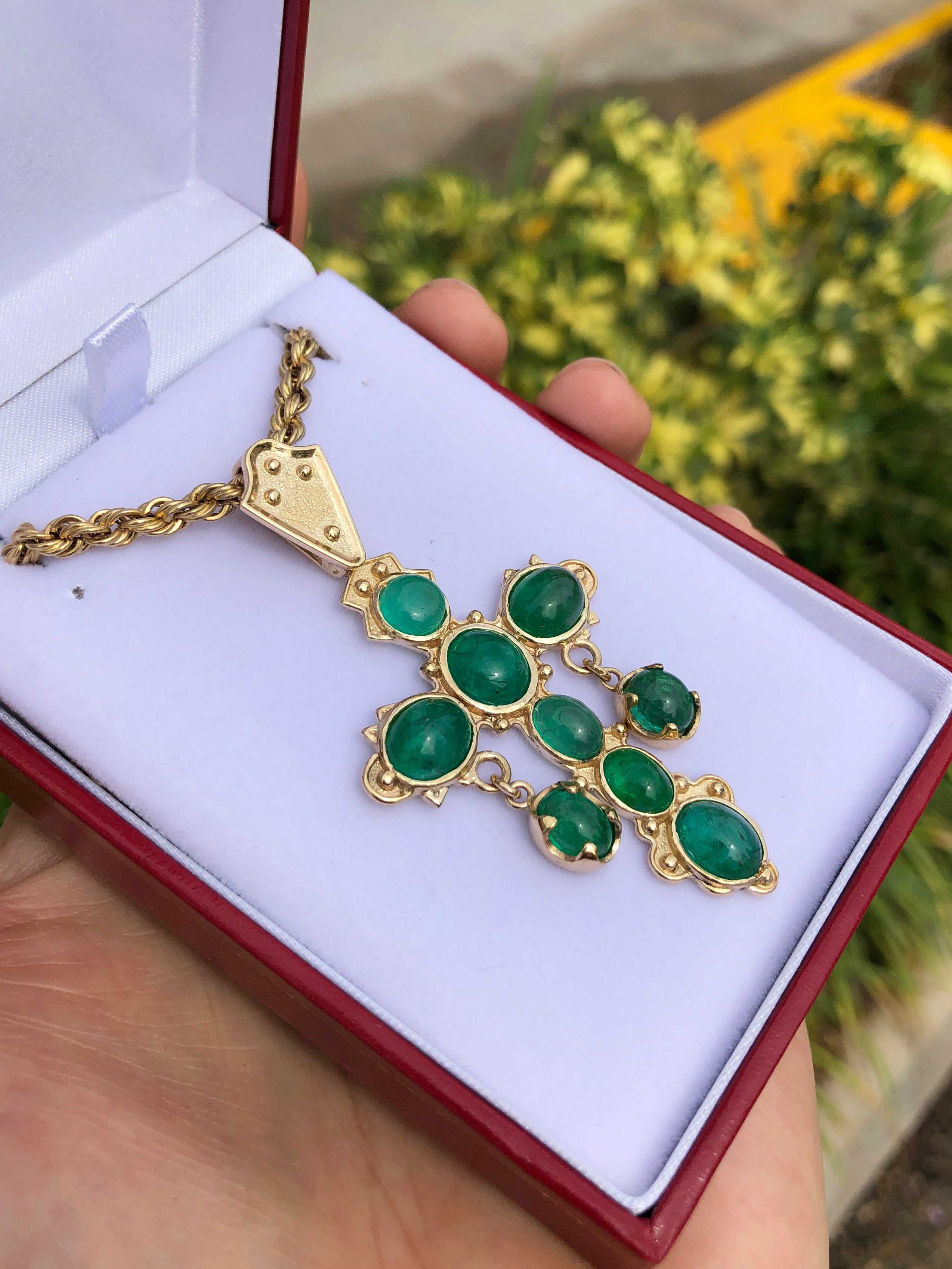 10tcw Nuestra Señora De Atocha Replica Natural Colombian Emerald Cabochon Cross 18K Gold Pendant - Authentic Jewelry for Women, Gift for Her, Religious Necklace for Special Occasions