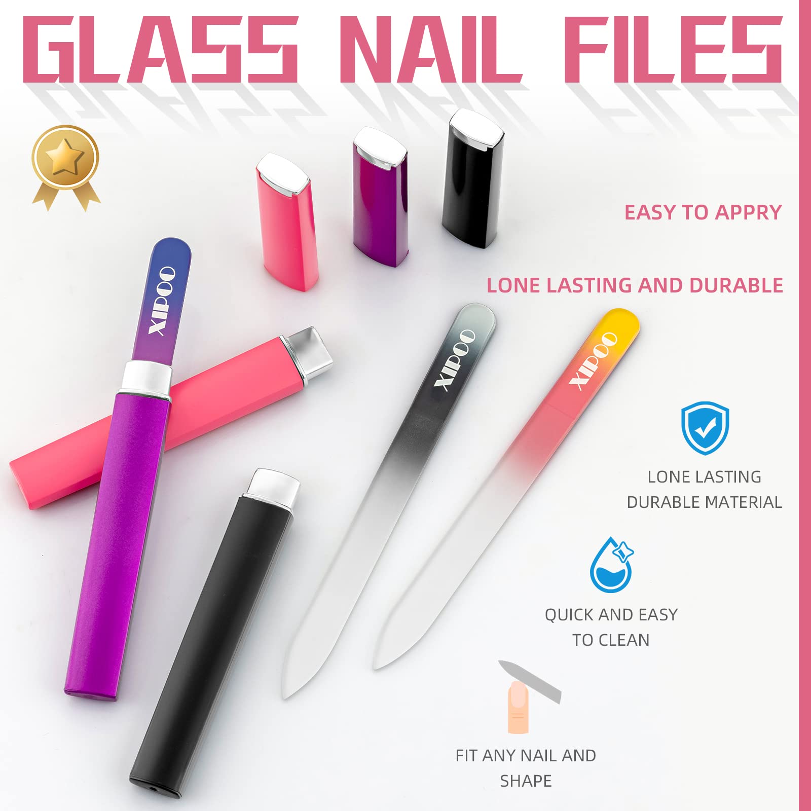 Premium Glass Nail Files 3 Pack with Case - Crystal Nail File for Natural Nails - Professional Salon Manicure Tool - Perfect Gift for Women & Girls - Ideal for Home, Travel & Salon Use - By XIPOO