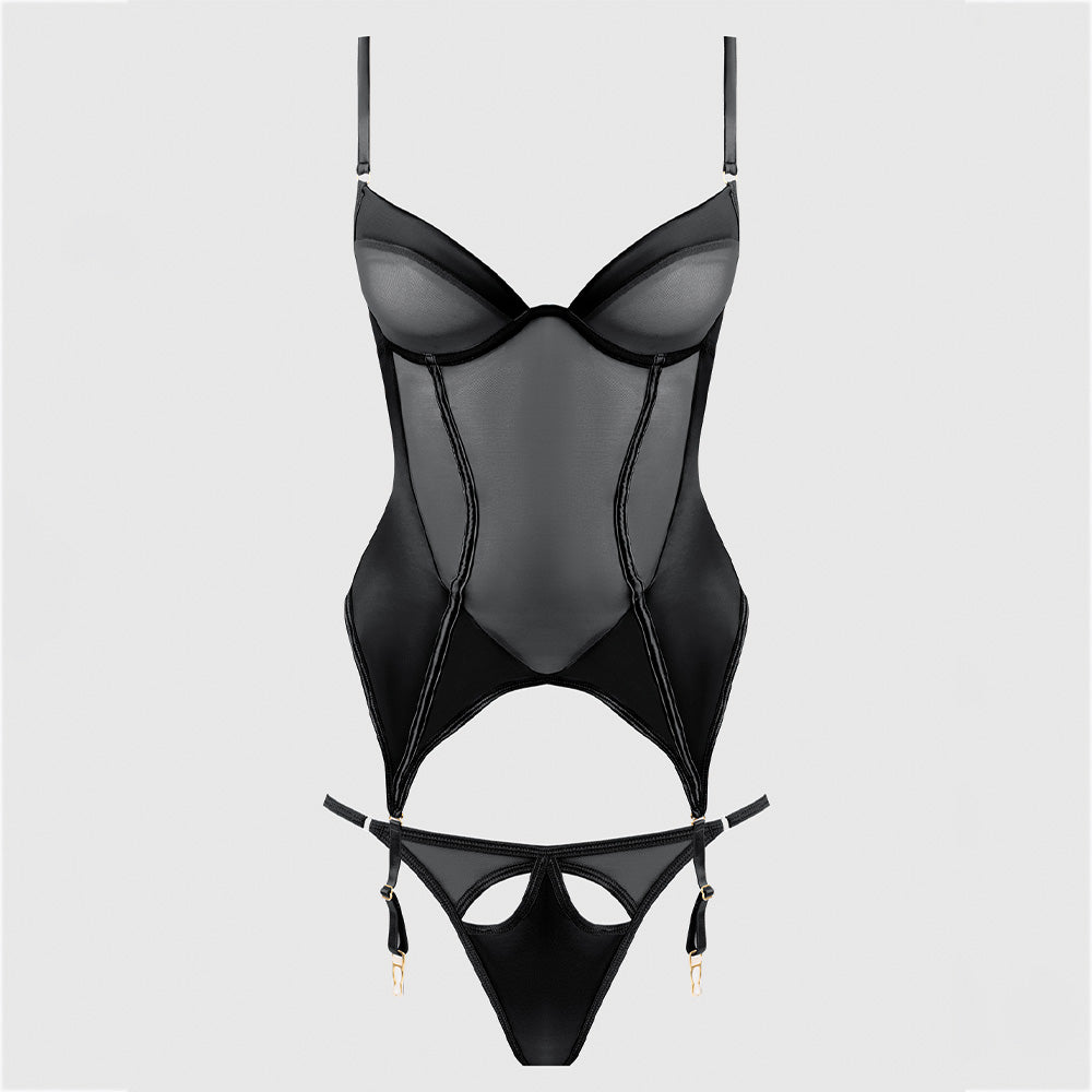 Raquel Mesh Satin Bustier & Cutout Panty Set - Plus Size Lingerie for Women | Sexy Lace Underwear for Date Night & Boudoir Photography