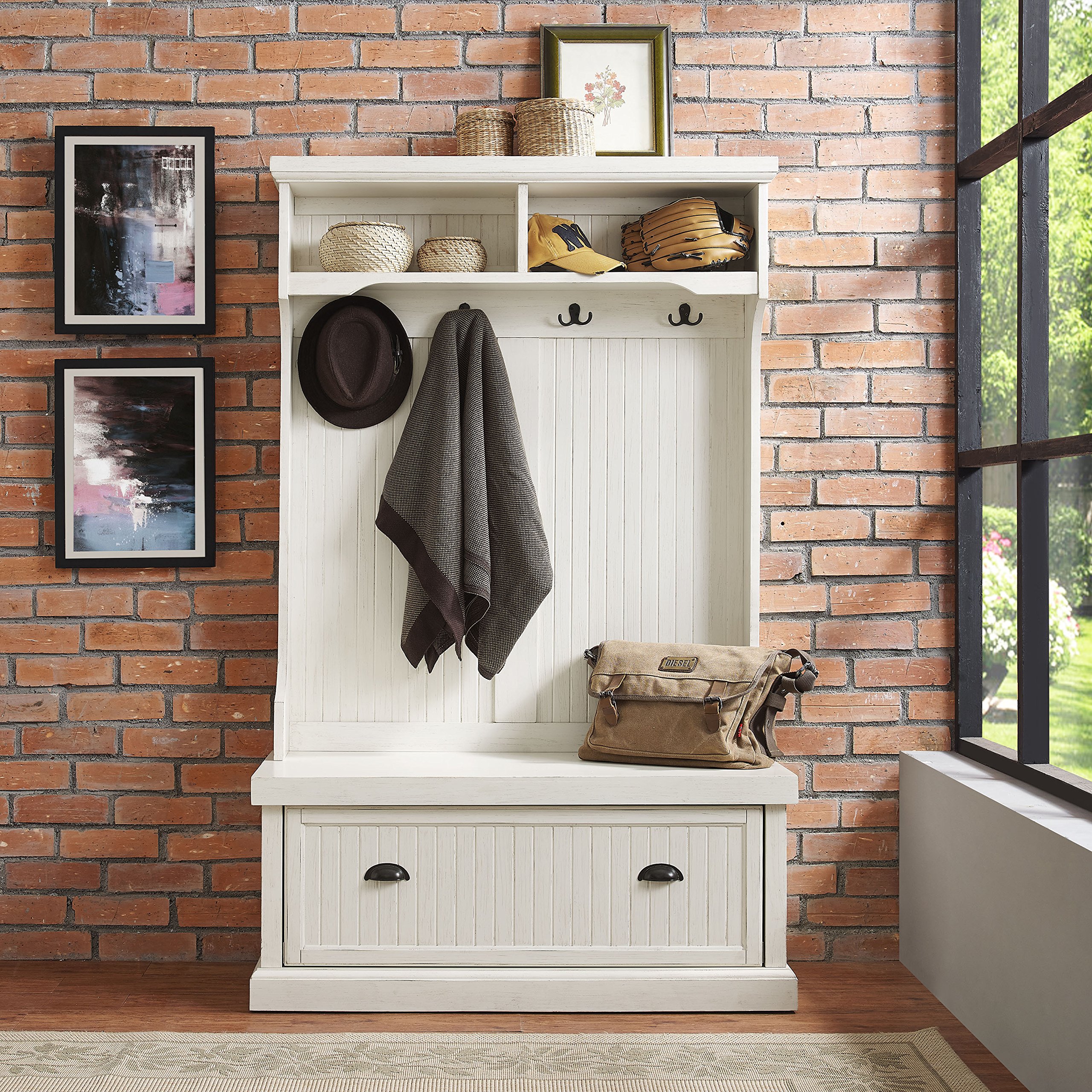 Crosley Furniture Seaside Hall Tree with Shoe Rack Bench & Coat Hooks - Entryway Storage Organizer in Distressed White - Perfect for Mudrooms, Foyers & Small Space Entry Organization