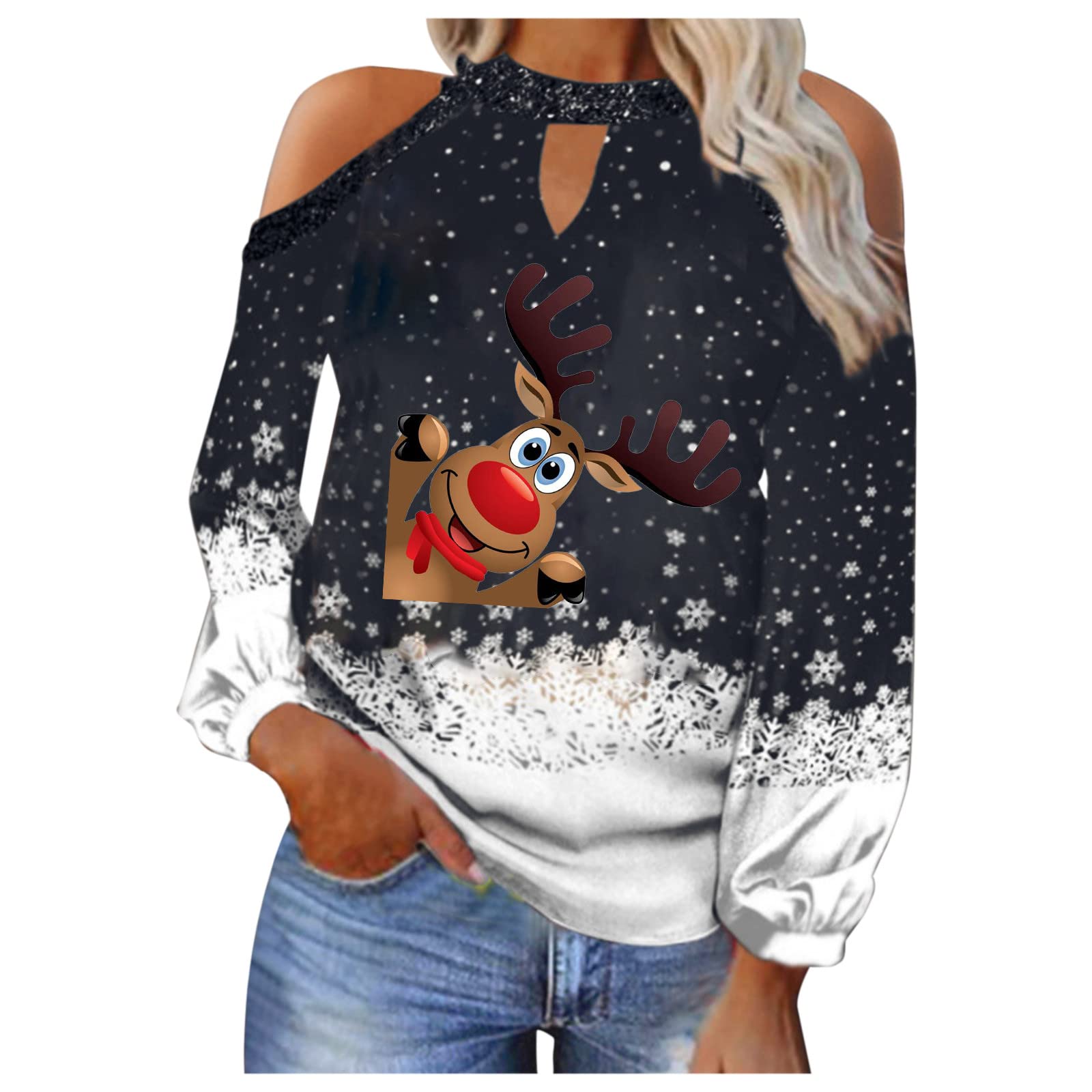 Women's Christmas Graphic Print Tops - Sexy Cold Shoulder Long Lantern Sleeve Loose T-Shirt Blouse for Holiday Parties & Festive Gatherings