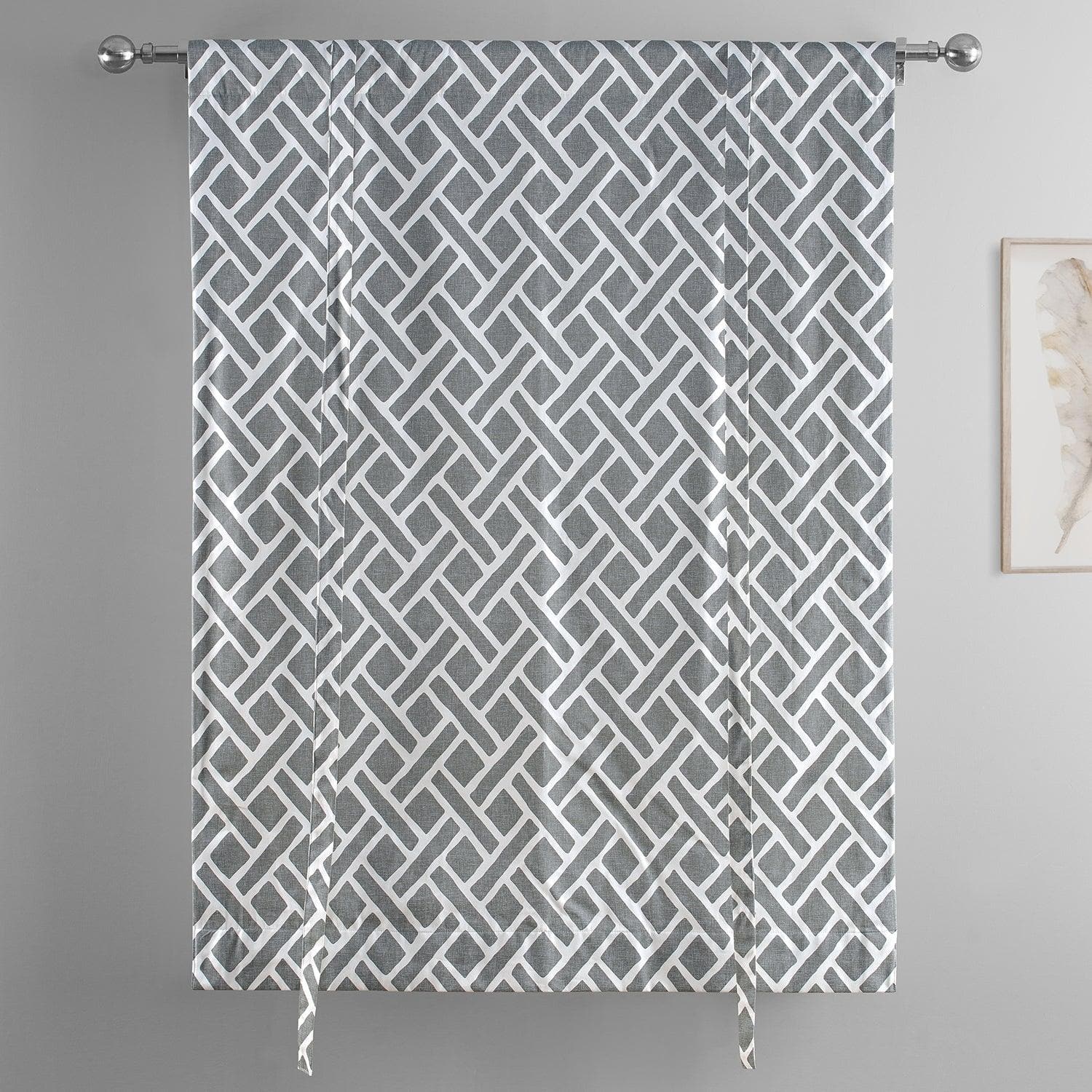 Martinique Grey Geometric Printed Cotton Blackout Window Shade - Stylish Room Darkening Tie-Up Curtain for Bedroom, Living Room & Office