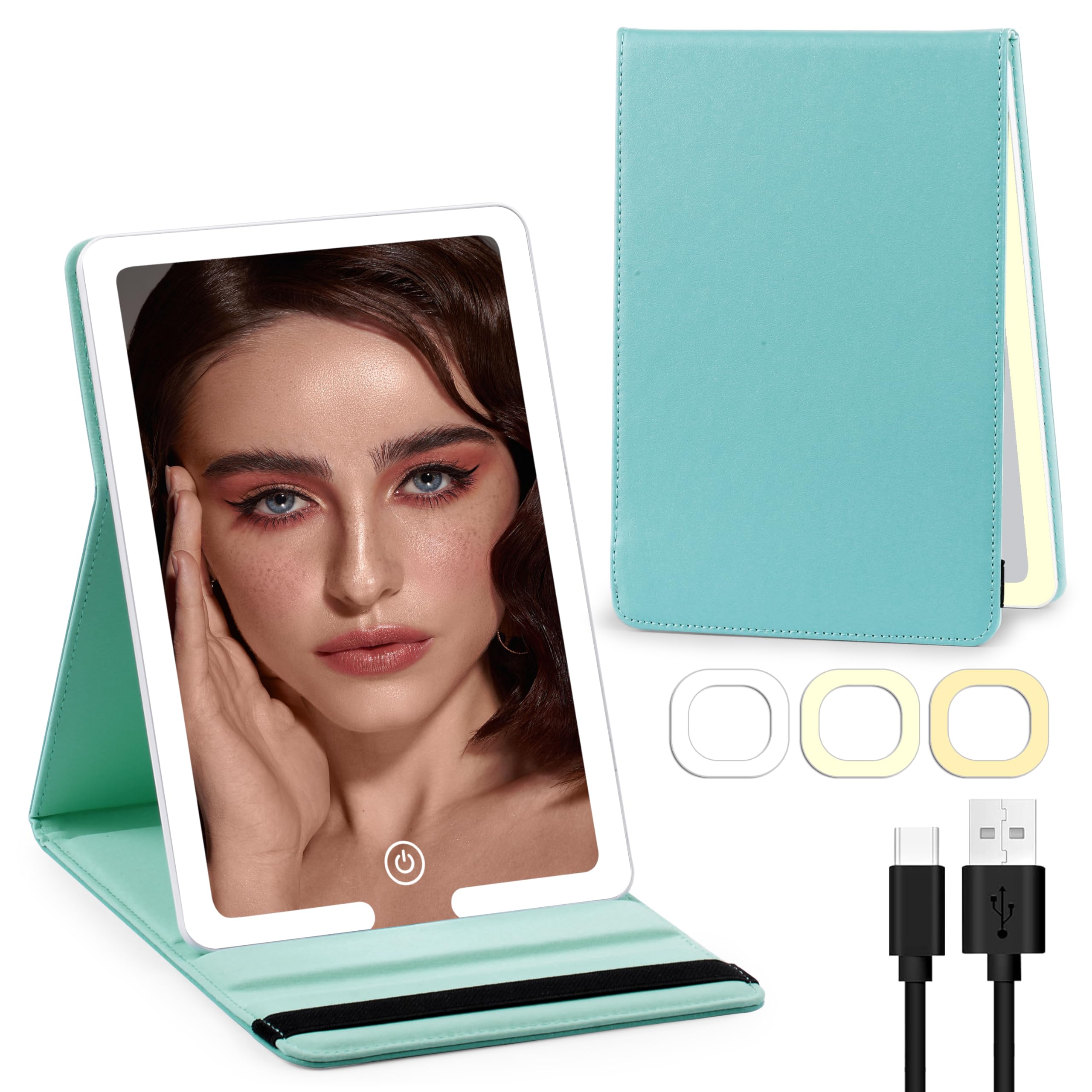 LED Travel Makeup Mirror with 3 Lighting Modes - Rechargeable Folding Vanity Mirror with Touch Screen & Dimmable Lights | Portable PU Leather Compact Mirror for Home, Travel & Professional Makeup Application | Perfect for Hotels, Airbnb, Dorm Rooms & Beauty On-The-Go