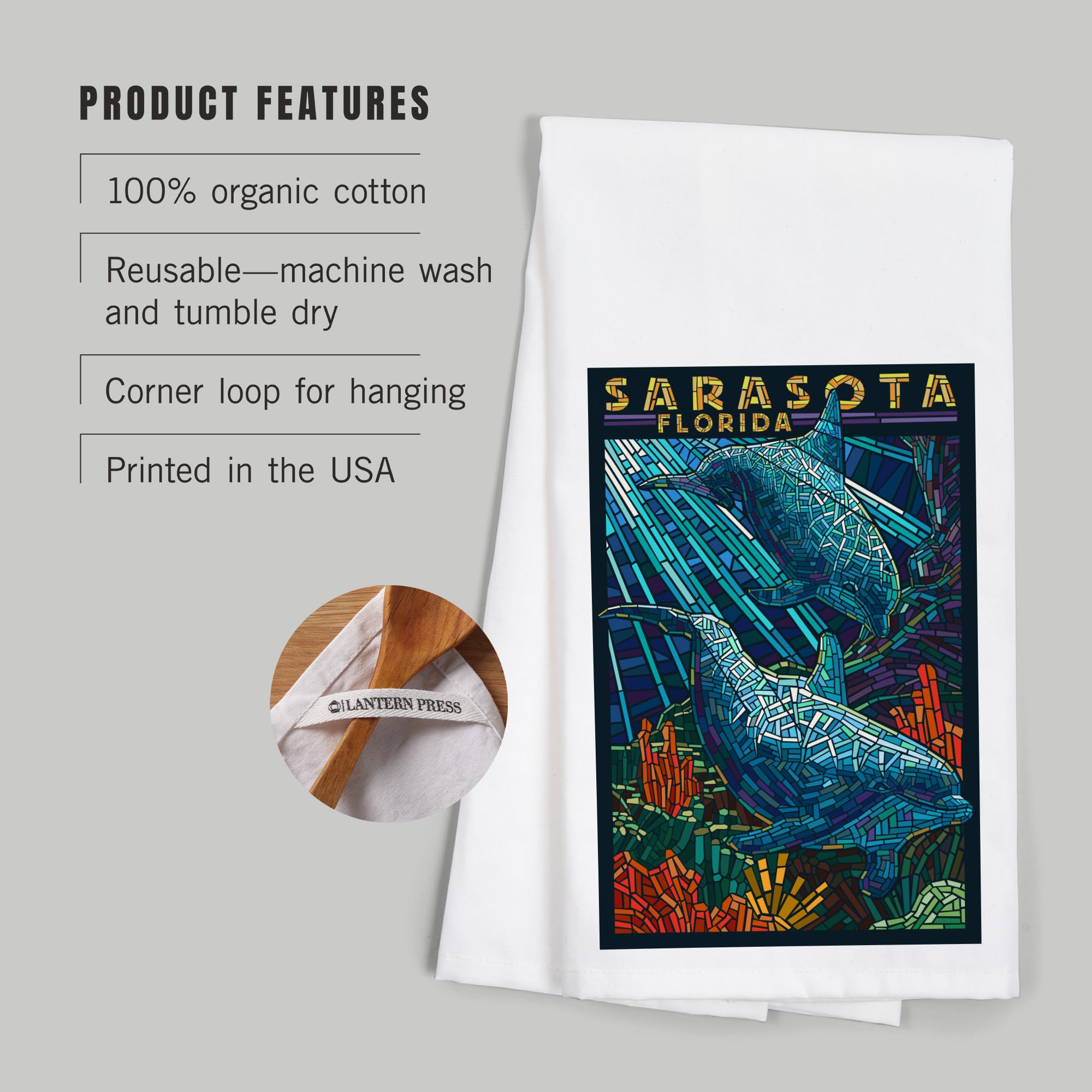 Lantern Press Sarasota Florida Dolphin Paper Mosaic Tea Towel - 100% Cotton Decorative Hand Towel for Kitchen & Home Decor | Perfect for Beach House, Coastal Decor & Gift Giving