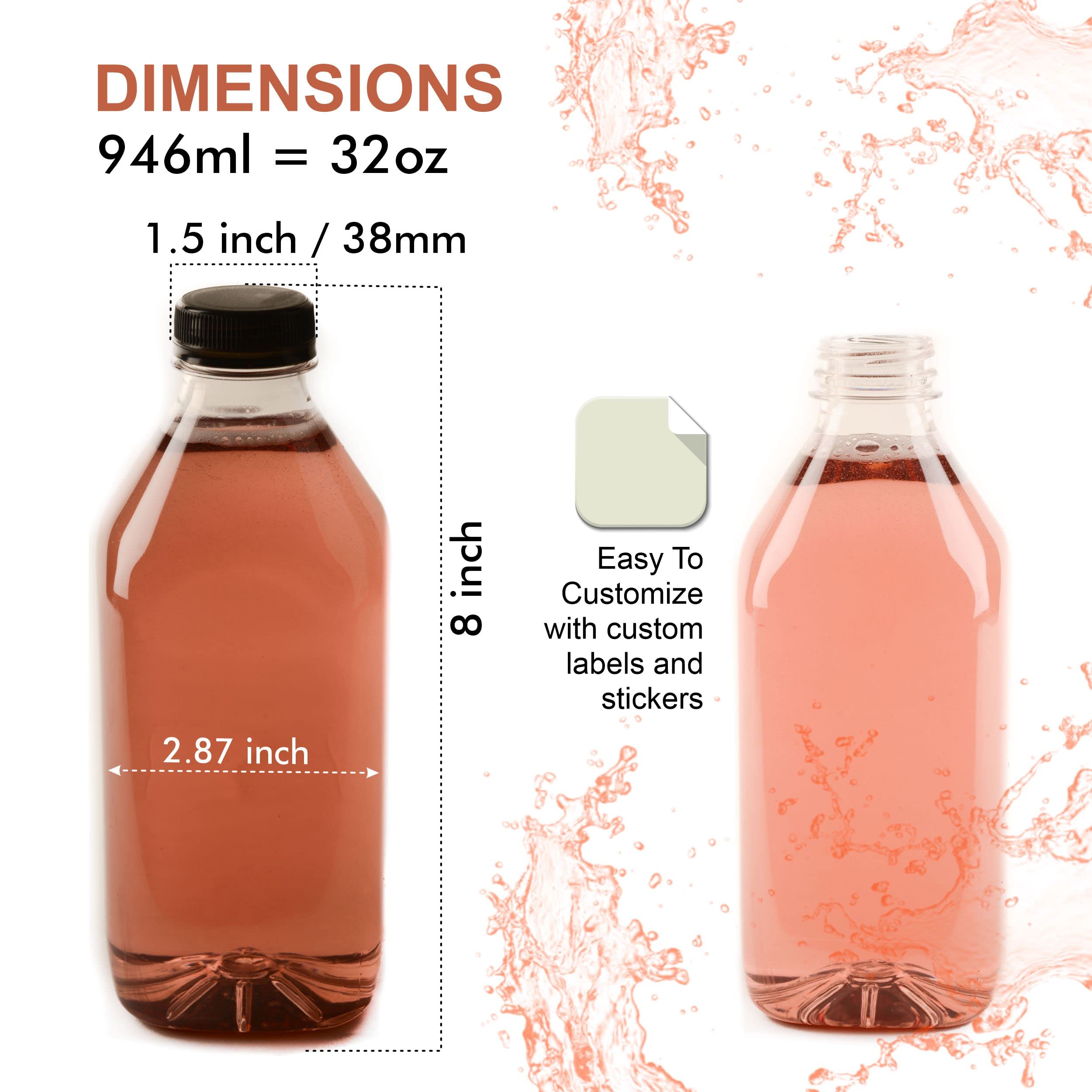 EcoQuality 40 Pack 32oz Clear Plastic Juice Bottles with Tamper Evident Caps - BPA Free Reusable Smoothie Bottles for Juices, Milk, Meal Prep, DIY Drinks & Home Brewing - Perfect for Restaurants, Cafes & Juice Bars