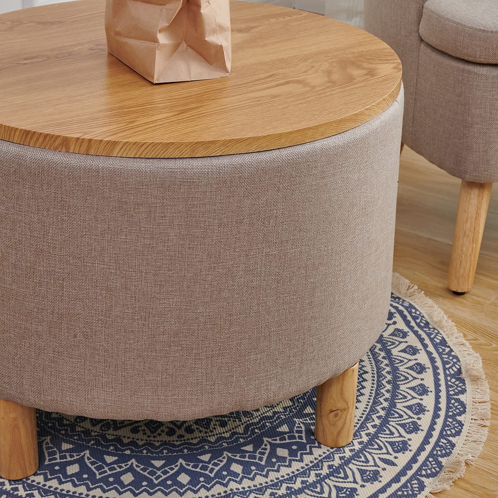 Modern Round Coffee Table with Storage - Solid Wood Legs, Removable Wooden Lid Tray - End Accent Table & Ottoman Side Table for Living Room, Bedroom, Office (Cream) | Perfect for Small Spaces, Coffee Lovers & Home Decor