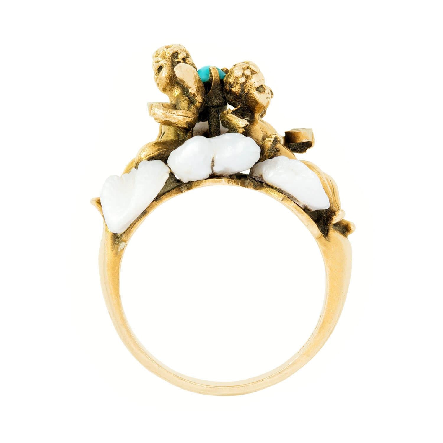 14K Gold Vintage Turquoise Diamond Pearl Angel Cherub Ring - Elegant Jewelry for Women, Perfect Gift for Valentine's Day, Anniversary & Special Occasions