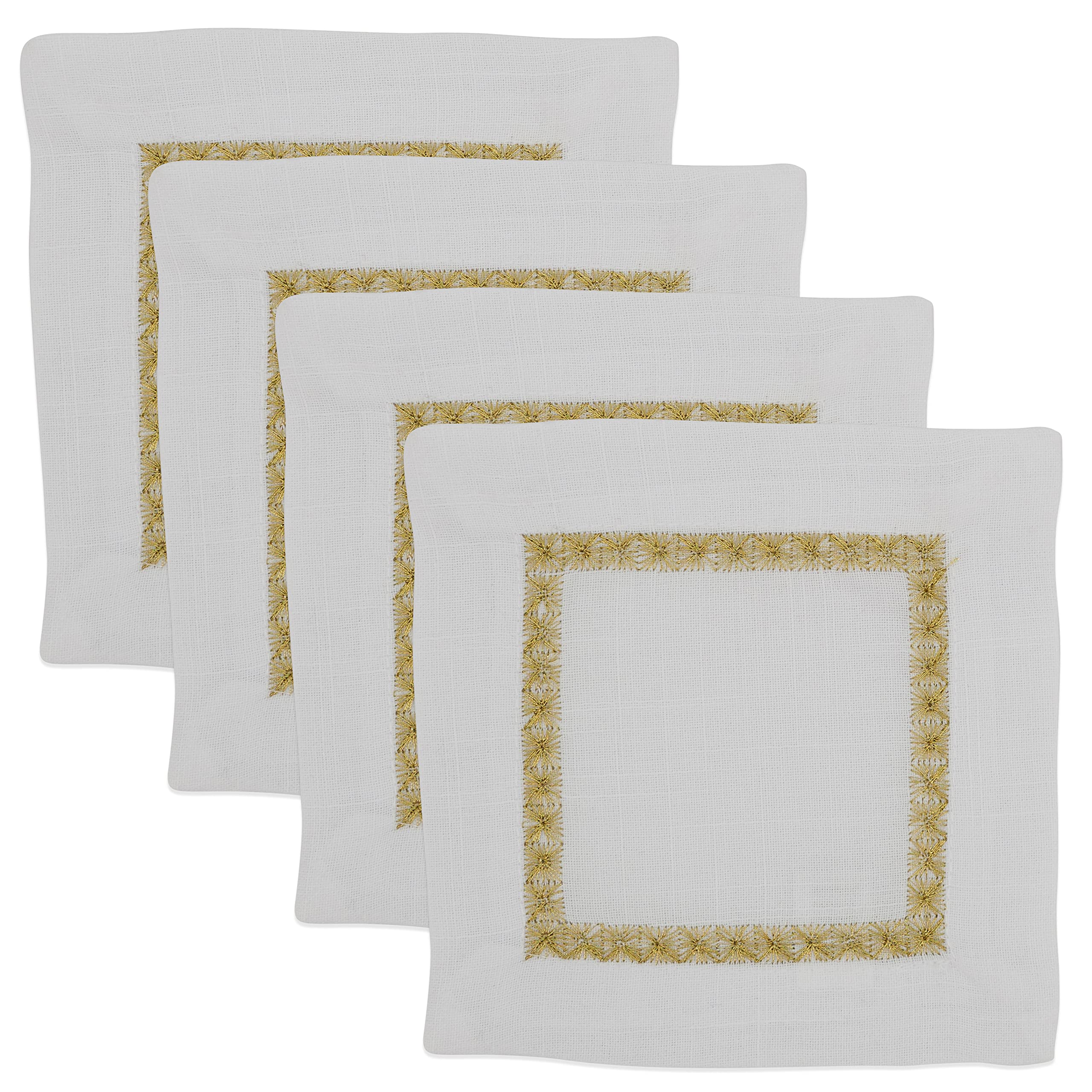 Premium Embroidered Border Cocktail Napkins Set of 4 - Elegant Linen Drink Coasters for Parties, Weddings & Home Decor - Absorbent & Reusable Bar Accessories