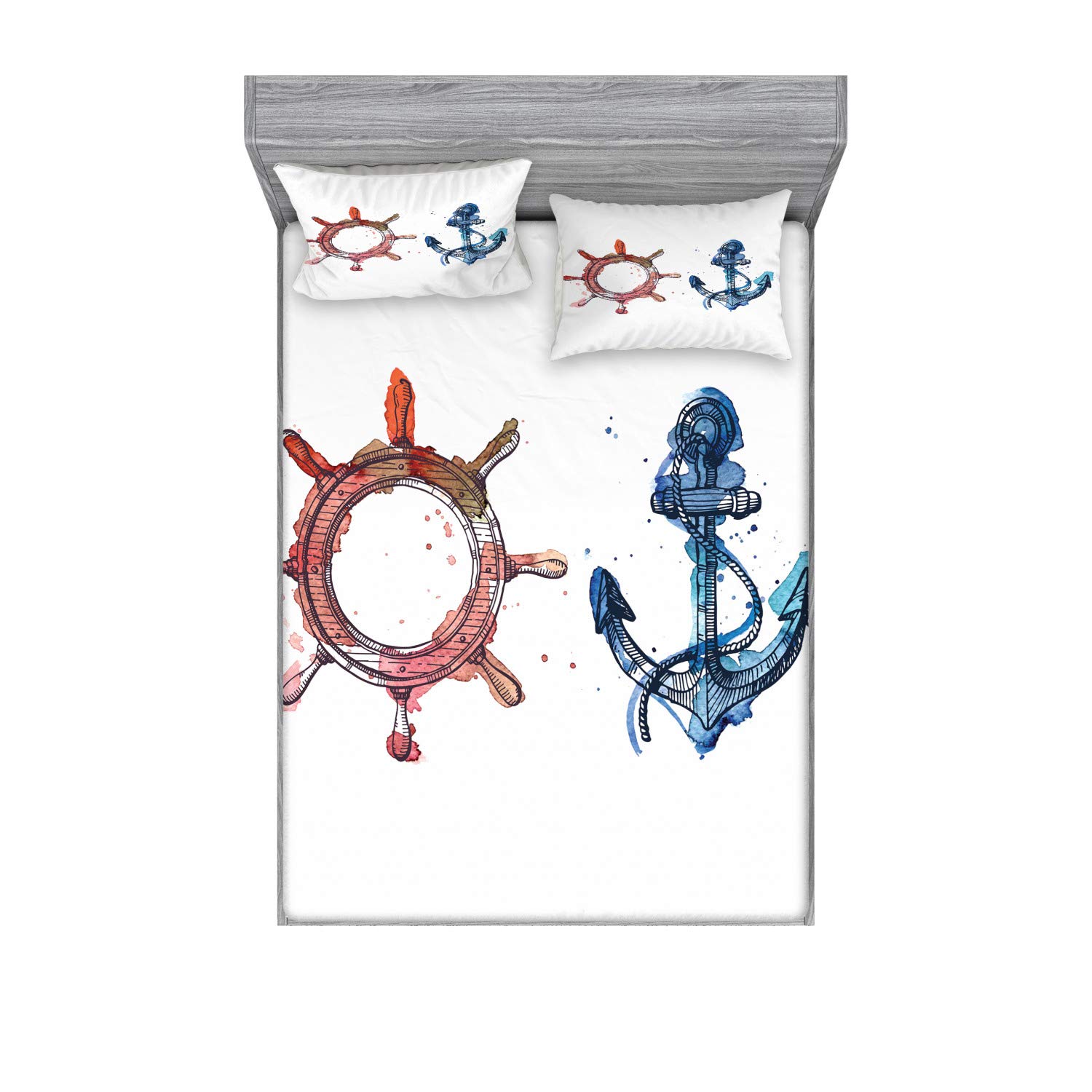 Ambesonne Nautical Fitted Sheet & Pillow Sham Set - Anchor & Steering Wheel Watercolor Design, 3-Piece Printed Bedding Decor for Queen Size Bed in Pink & Blue | Perfect for Coastal, Beach House, or Nautical Theme Bedrooms