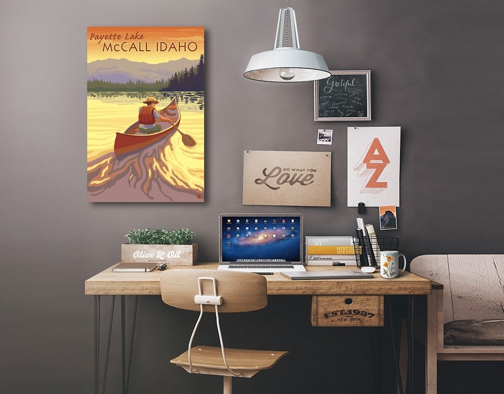 McCall Idaho Payette Lake Canoe Scene Wall Art - 16x24 Wrapped Canvas Print for Living Room, Bedroom & Office Decor - Nature Landscape Painting for Home & Office