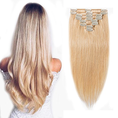 MY-LADY Clip In Hair Extensions 100% Remy Human Hair - 8pcs 22 Inch Natural Blonde (#24) Soft & Silky 110g - Perfect for Daily Wear, Parties & Special Occasions