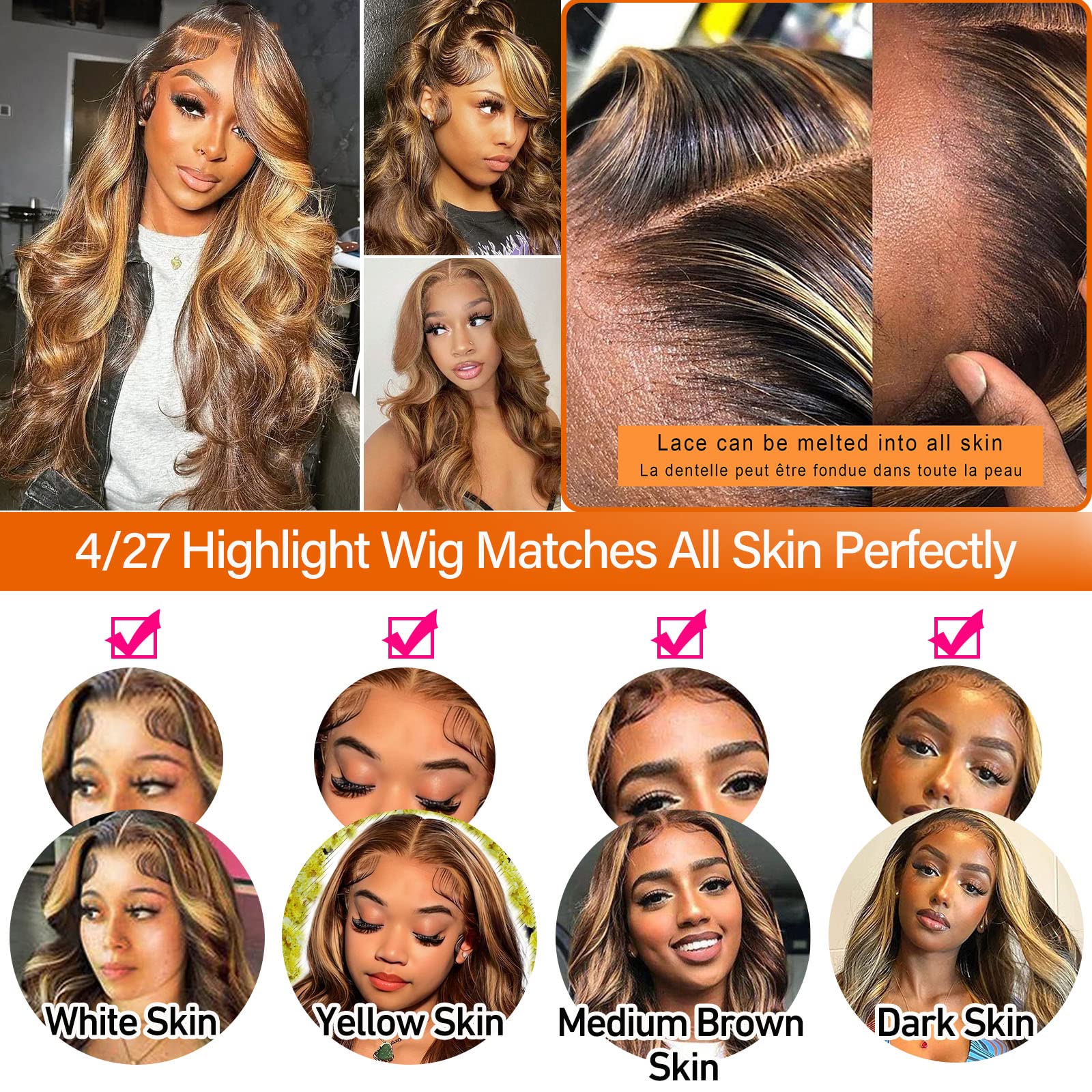 Ombre Lace Front Wig Human Hair 150% Density 13x4 HD Transparent Honey Blonde Body Wave Glueless Wig 24 Inches - Perfect for Daily Wear, Cosplay, and Special Occasions