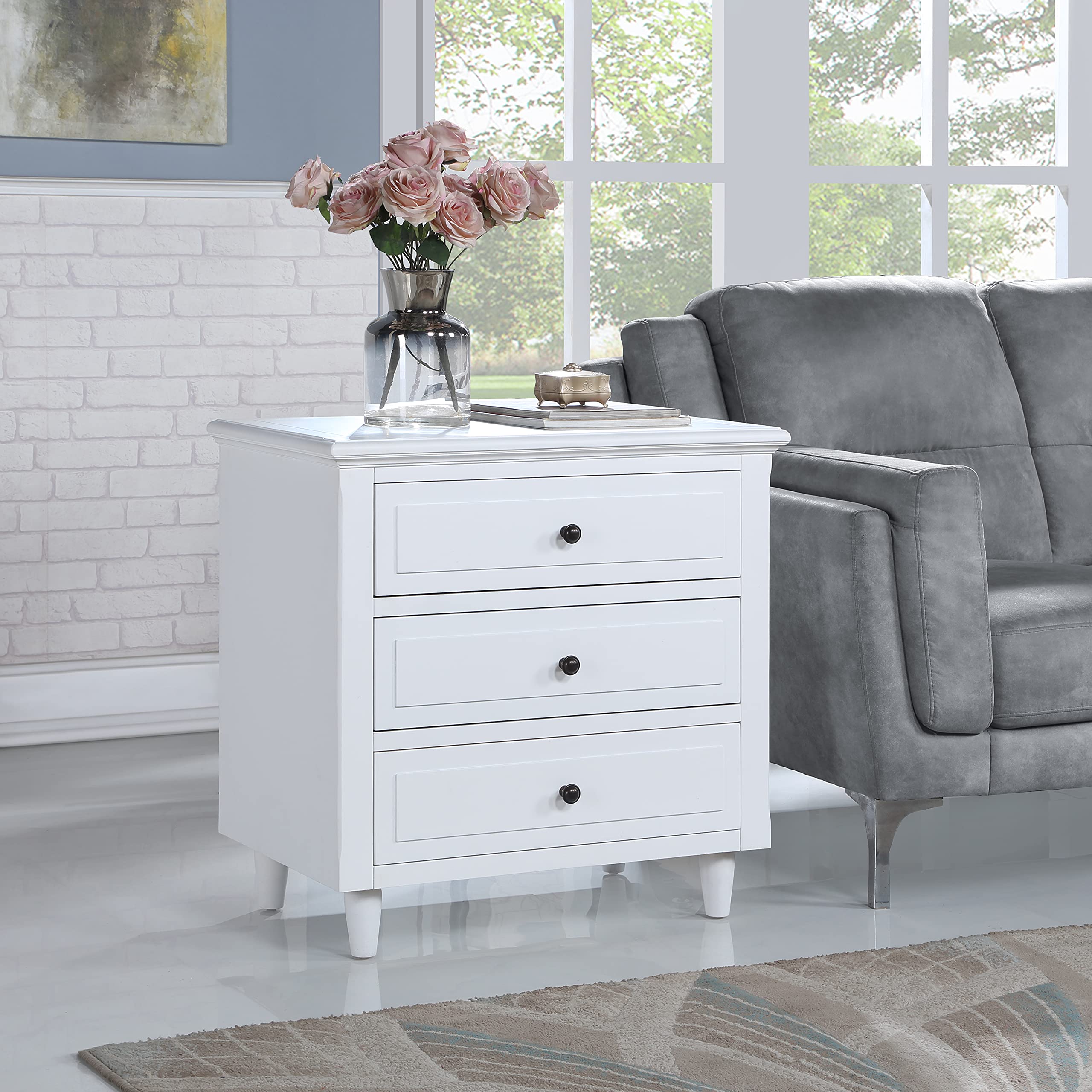 Goujxcy White Wood 3-Drawer Nightstand - Bedside End Table with Storage Shelf for Bedroom, Living Room & Office - Compact Side Table with Drawers for Home Organization